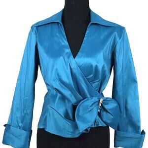 Vintage 90s Blue Collared Wrap Blouse Satin Rhinestone BOW Formal Cocktail Party